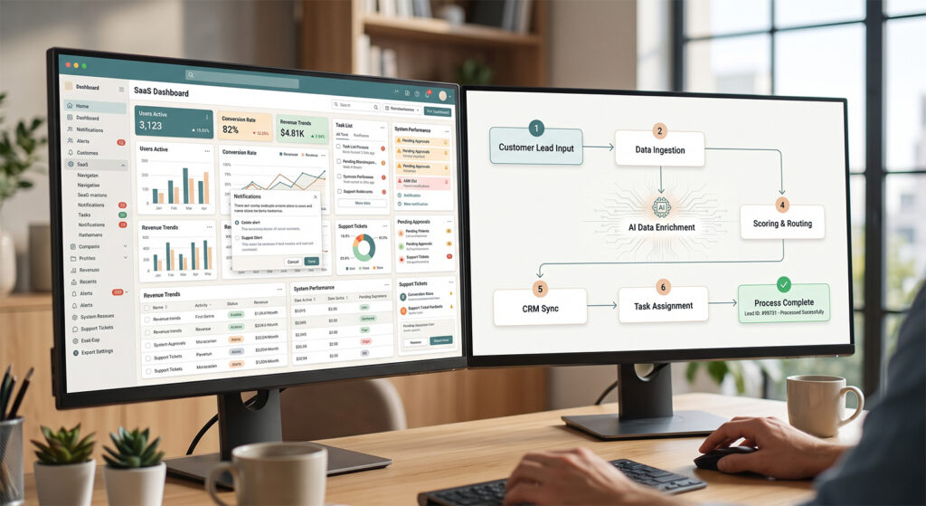Modern digital workspace showing several SaaS dashboards fading into the background while a calm AI agent interface in