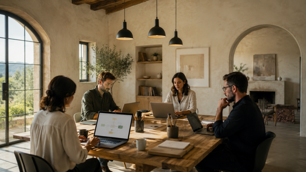 Photograph of a small business team in a bright Tuscan office working with laptops one screen showing a simple workflow