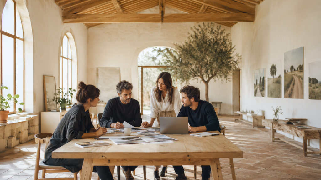 Photograph of a small creative agency team in a bright Tuscan studio reviewing printed materials and a laptop on a