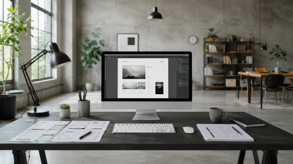 Photograph of a web design workstation large screen showing a clean website layout in progress next to paper wireframe