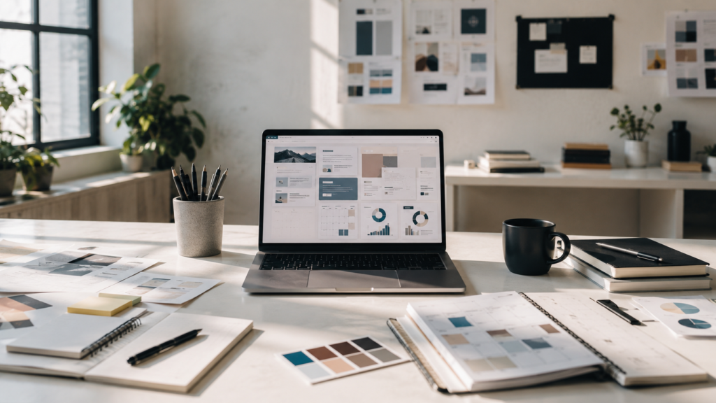 Creative writing a LinkedIn post in a modern office authentic photography