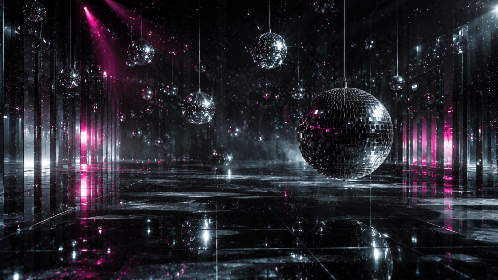 Fashion photography inspired by disco culture mirrored dance floor futuristic lighting confident female pop icon