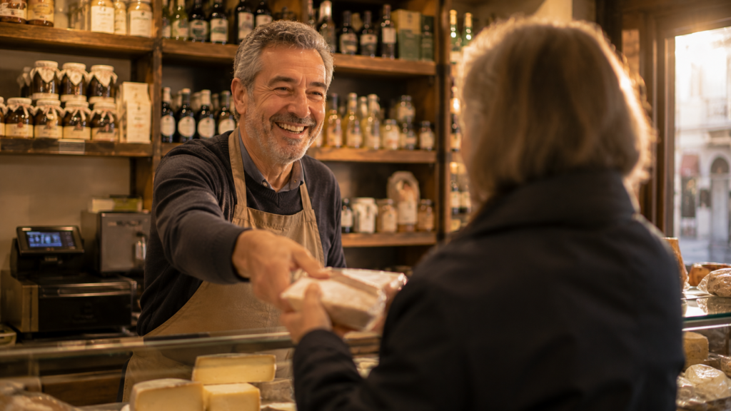 Fotografia editoriale realistica formato 16 calda a fine giornata dentro un piccolo negozio o bottega di quartiere
