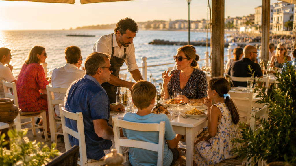 Fotografia editoriale realistica formato 16 calda su una terrazza di un ristorante o bar sul mare in Toscana