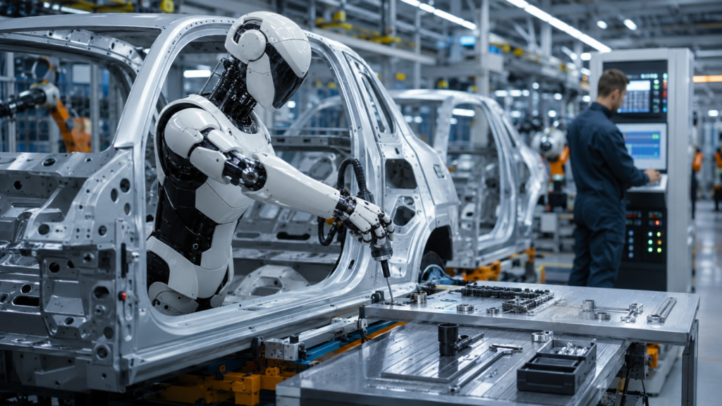 Fotografia editoriale realistica formato 16 luce bianca e uniforme in una linea di assemblaggio automotive moderna
