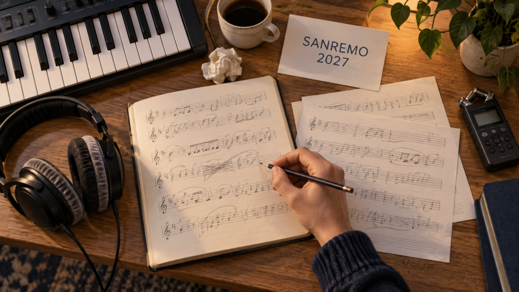 Bozze musicali, registrazioni e strumenti raccontano il processo creativo di una canzone nel contesto di Sanremo 2027.