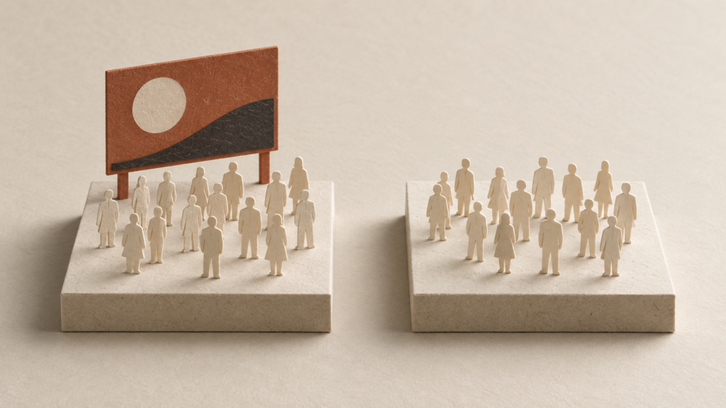 Due gruppi di piccole figure su piani separati rappresentano il confronto fra chi vede una pubblicità e chi non la vede.