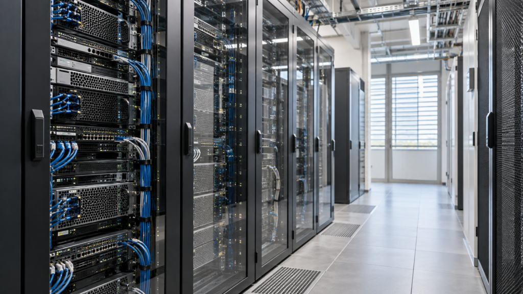 File di armadi server ordinati si affacciano su un corridoio luminoso