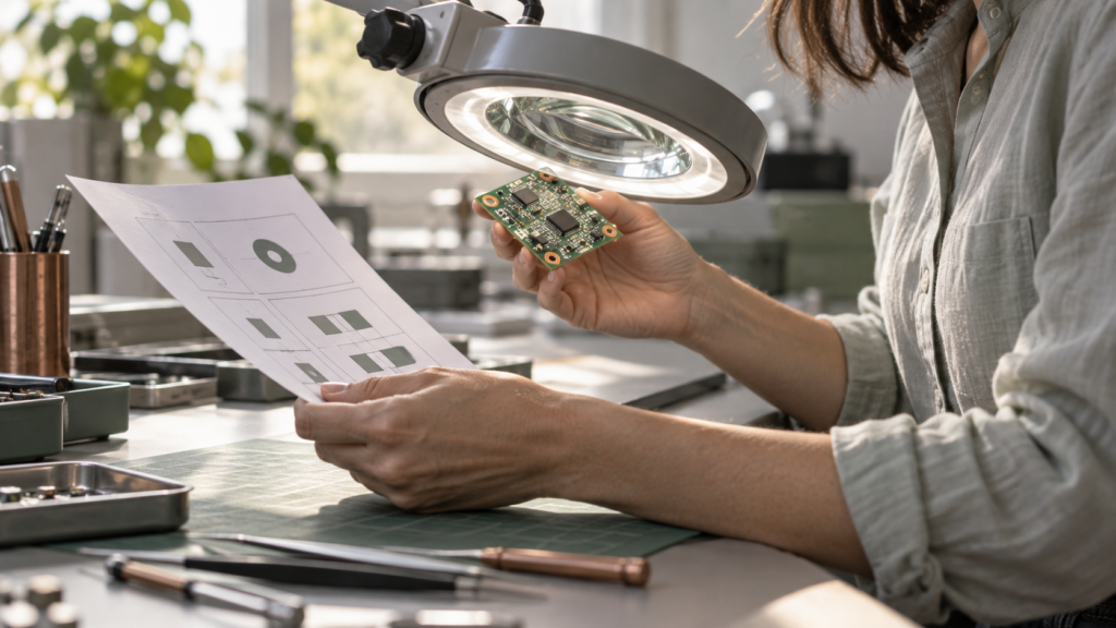 Tecnica esamina una scheda elettronica sotto una lente da laboratorio
