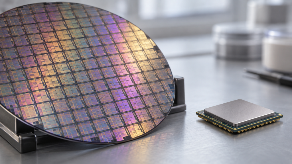 Wafer di silicio con piccoli circuiti si trova accanto a un microprocessore su un banco