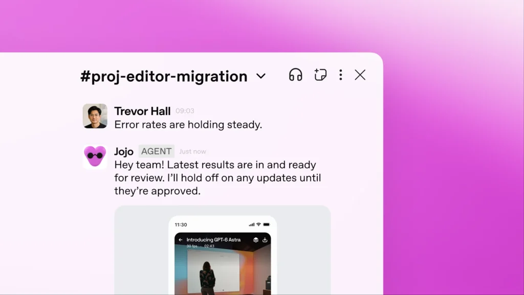 Jojo, il dot viola di OpenAI, comunica in un canale Slack che il lavoro è pronto per la revisione nella dimostrazione ufficiale.